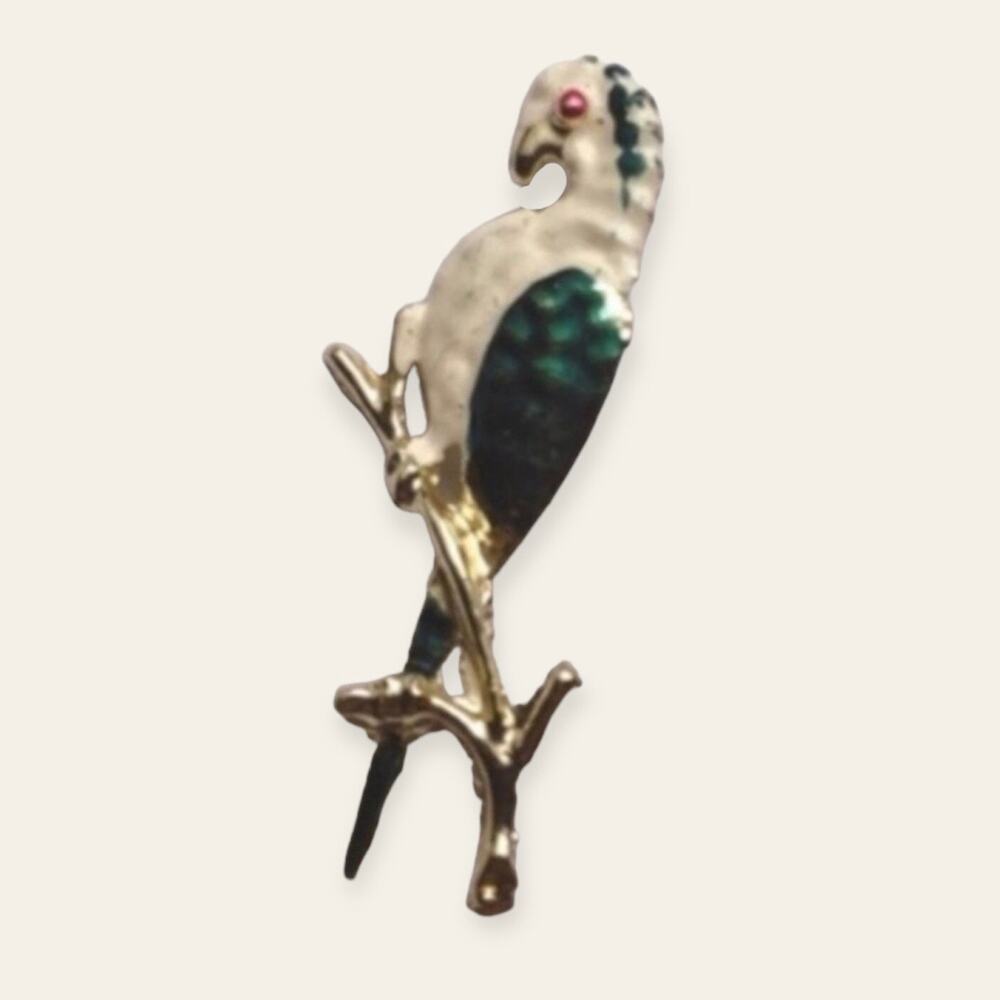 Vintage Costume Jewelry Green & White Bird on Branch Brooch Pin